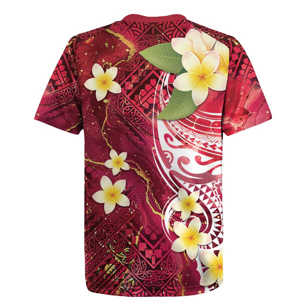Polynesian Tribal Tattoo Rugby Jersey Plumeria Blood Red and Gold Marble Pattern LT9 - Polynesian Pride
