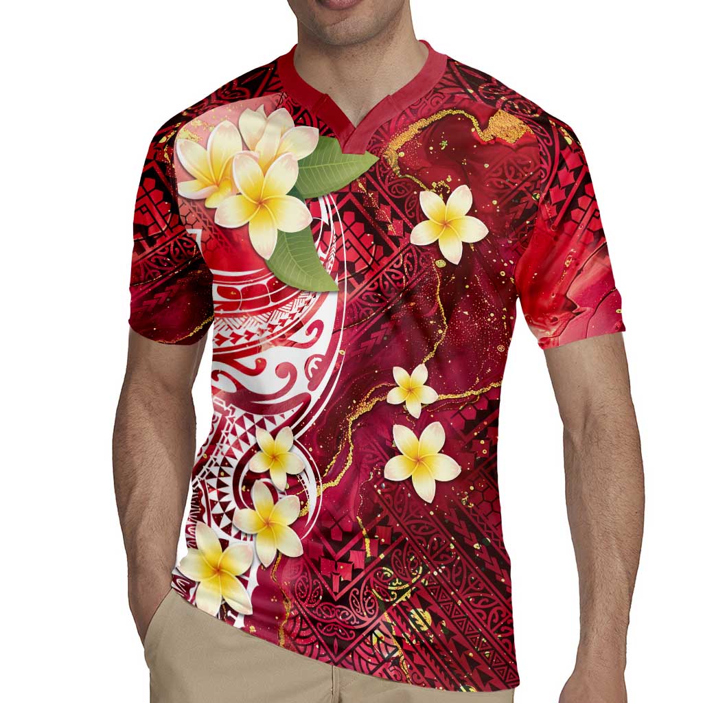 Polynesian Tribal Tattoo Rugby Jersey Plumeria Blood Red and Gold Marble Pattern LT9 - Polynesian Pride