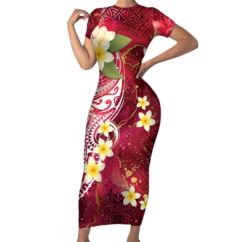 Polynesian Tribal Tattoo Short Sleeve Bodycon Dress Plumeria Blood Red and Gold Marble Pattern LT9 Long Dress Red - Polynesian Pride