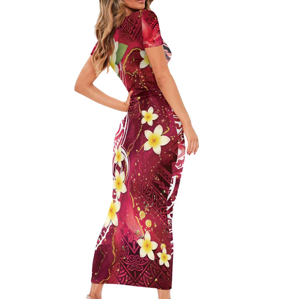 Polynesian Tribal Tattoo Short Sleeve Bodycon Dress Plumeria Blood Red and Gold Marble Pattern LT9 - Polynesian Pride