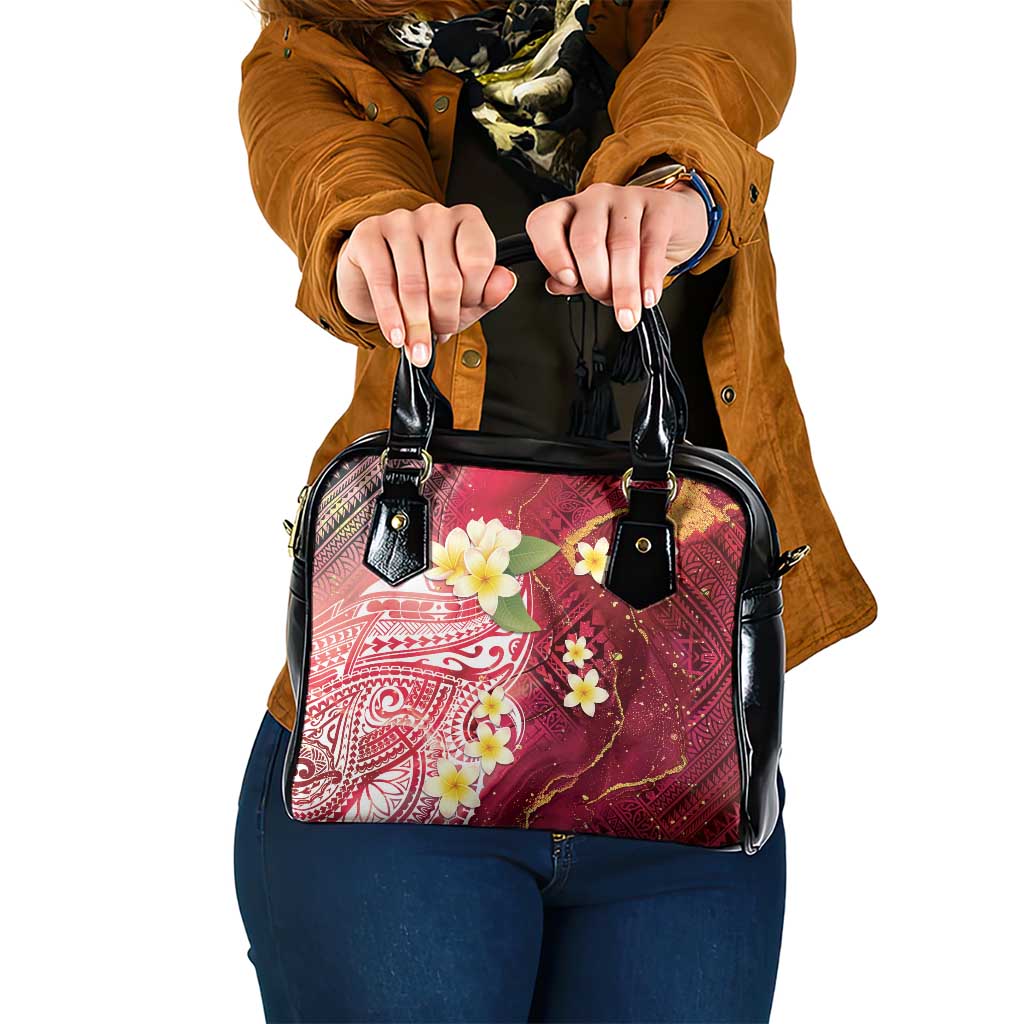 Polynesian Tribal Tattoo Shoulder Handbag Plumeria Blood Red and Gold Marble Pattern
