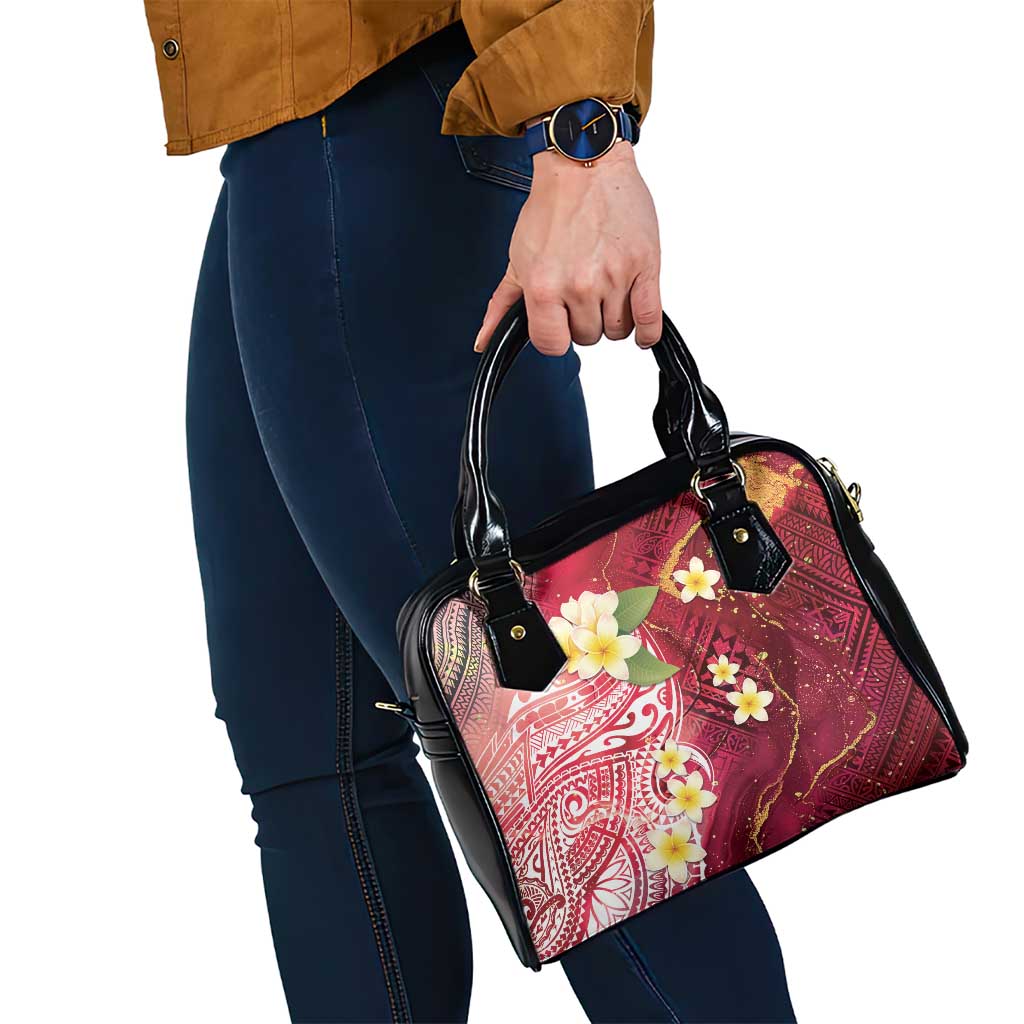 Polynesian Tribal Tattoo Shoulder Handbag Plumeria Blood Red and Gold Marble Pattern
