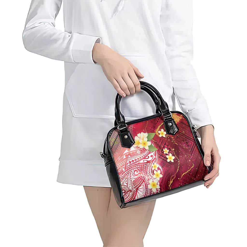 Polynesian Tribal Tattoo Shoulder Handbag Plumeria Blood Red and Gold Marble Pattern