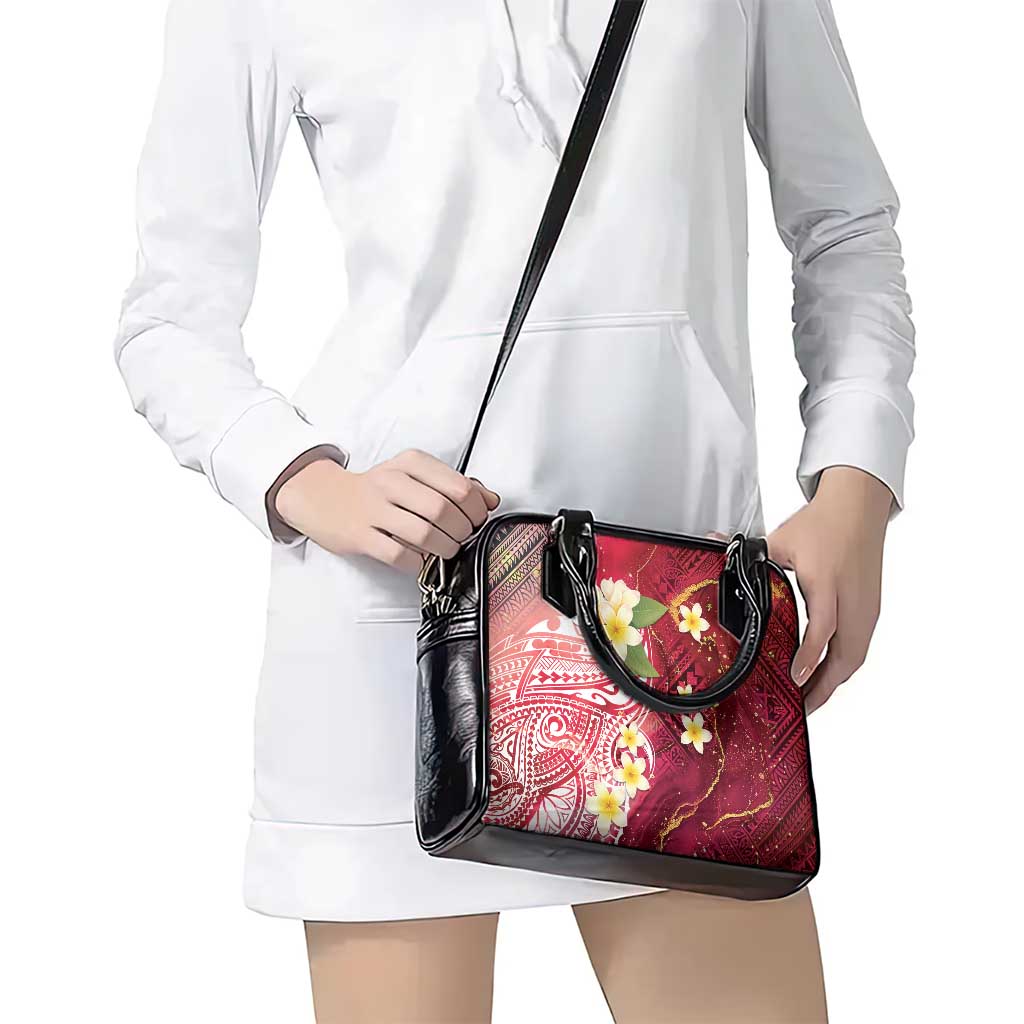 Polynesian Tribal Tattoo Shoulder Handbag Plumeria Blood Red and Gold Marble Pattern