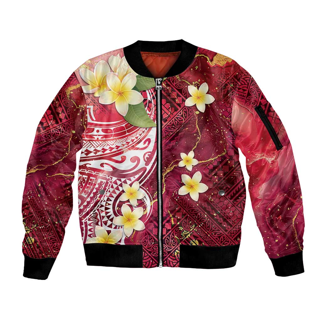 Polynesian Tribal Tattoo Sleeve Zip Bomber Jacket Plumeria Blood Red and Gold Marble Pattern LT9 Unisex Red - Polynesian Pride