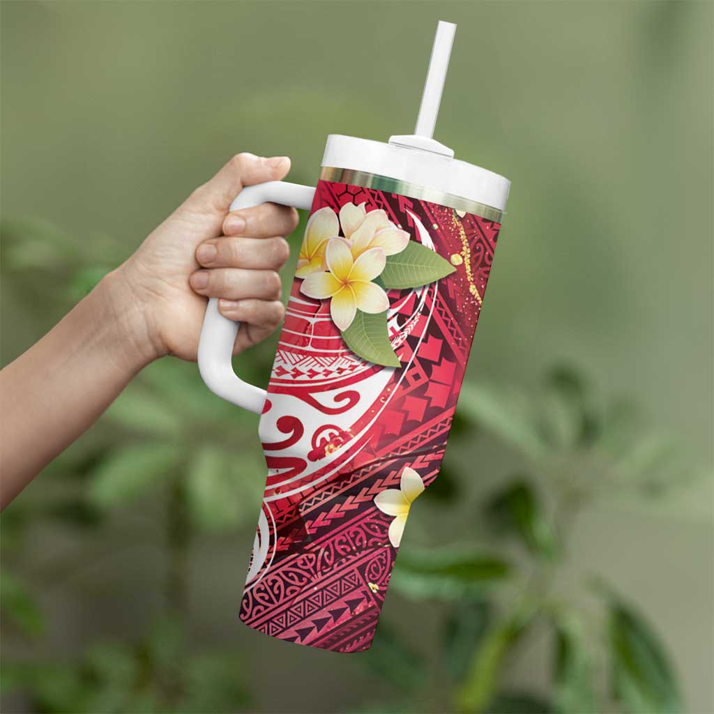 Polynesian Tribal Tattoo Tumbler With Handle Plumeria Blood Red and Gold Marble Pattern