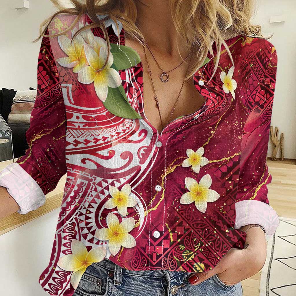 Polynesian Tribal Tattoo Women Casual Shirt Plumeria Blood Red and Gold Marble Pattern LT9 Female Red - Polynesian Pride