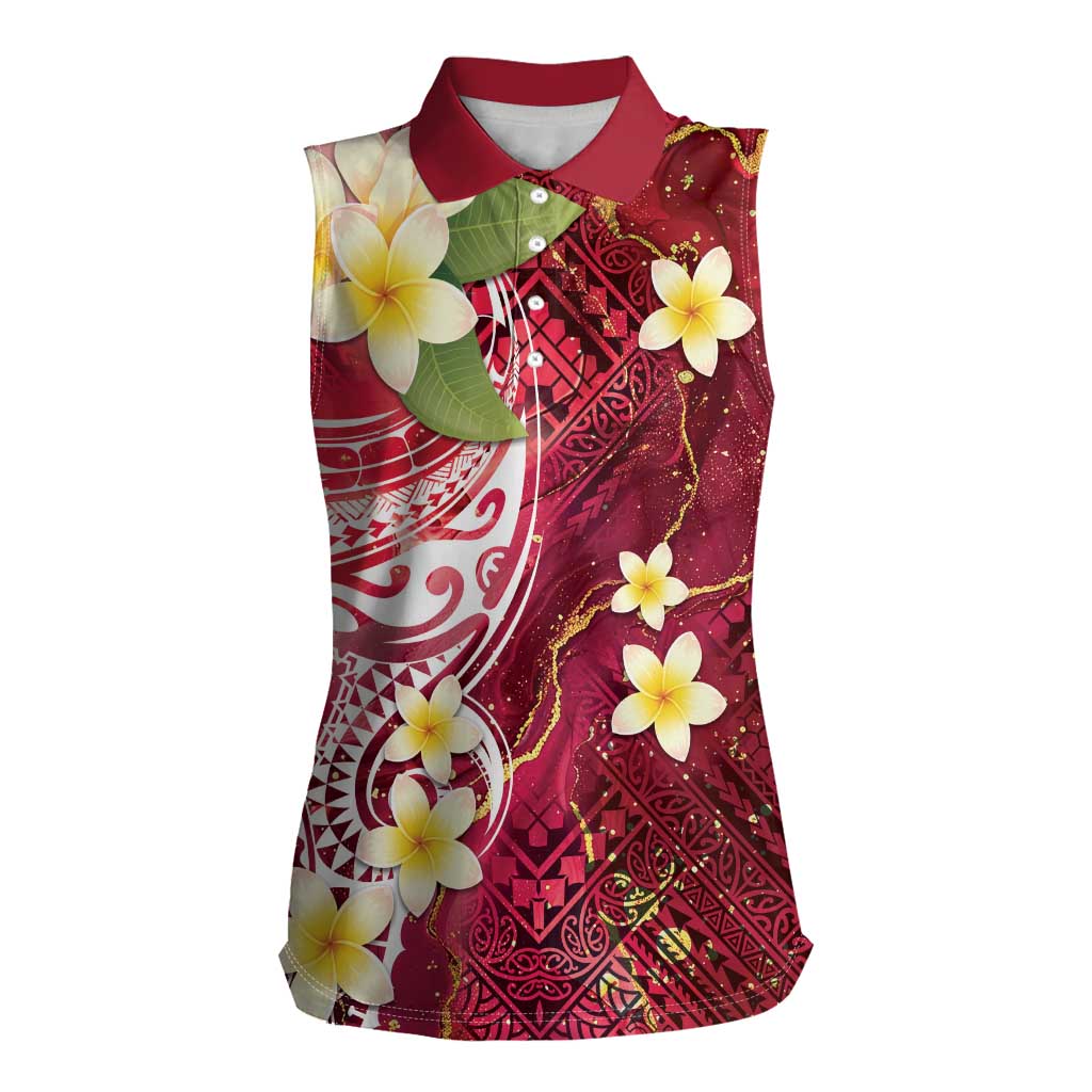 Polynesian Tribal Tattoo Women Sleeveless Polo Shirt Plumeria Blood Red and Gold Marble Pattern LT9 Female Red - Polynesian Pride