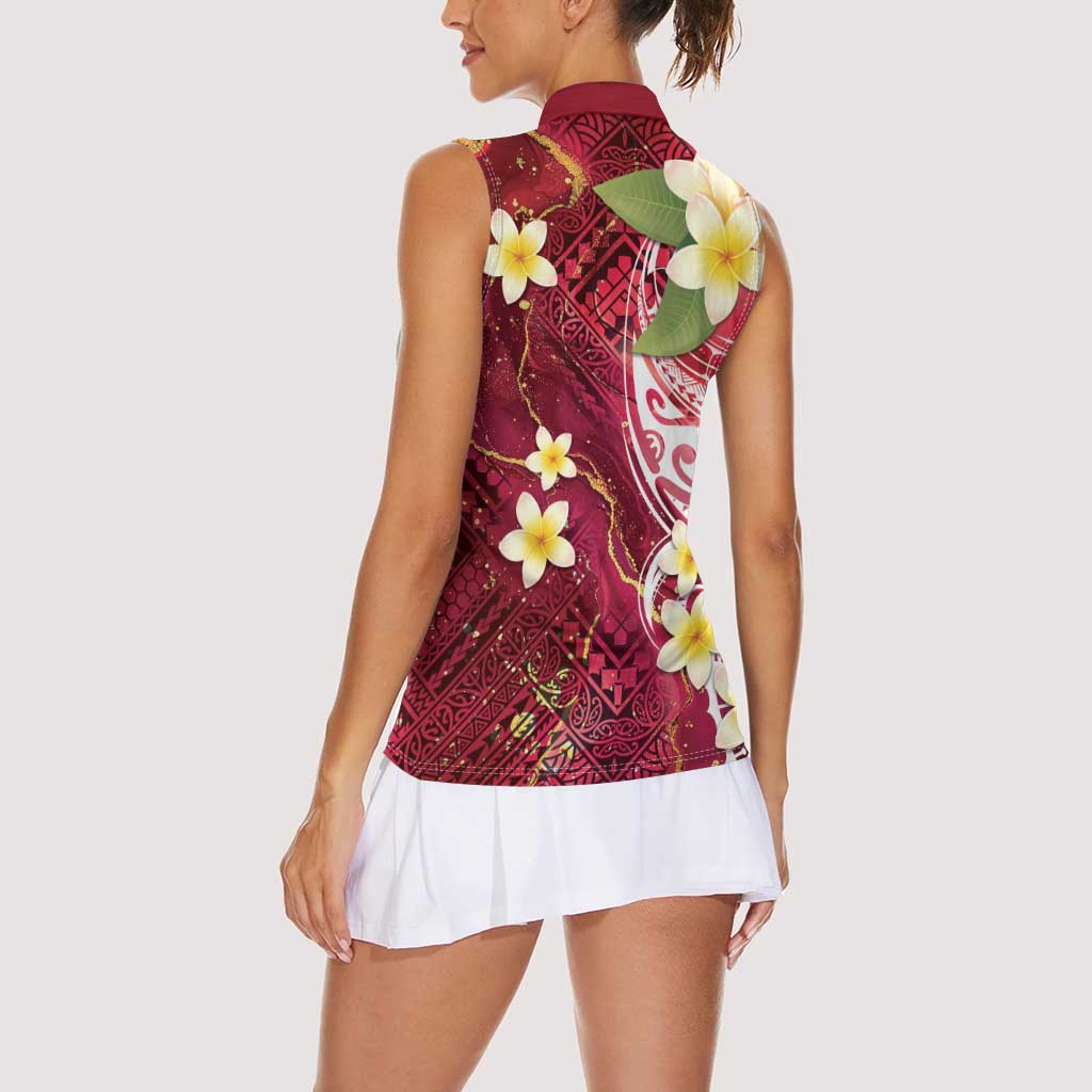 Polynesian Tribal Tattoo Women Sleeveless Polo Shirt Plumeria Blood Red and Gold Marble Pattern LT9 - Polynesian Pride