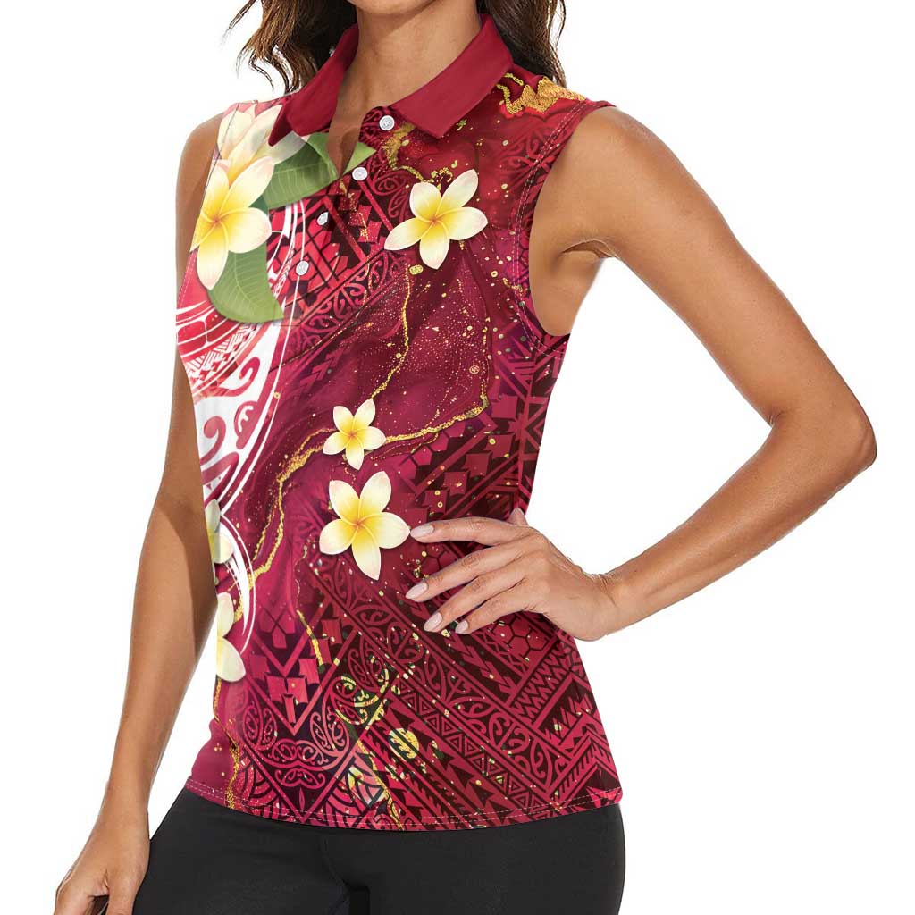 Polynesian Tribal Tattoo Women Sleeveless Polo Shirt Plumeria Blood Red and Gold Marble Pattern LT9 - Polynesian Pride