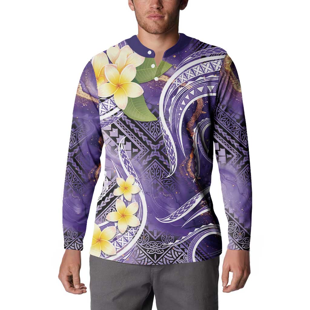 Polynesian Tribal Tattoo Button Sweatshirt Plumeria Purple Marble Pattern