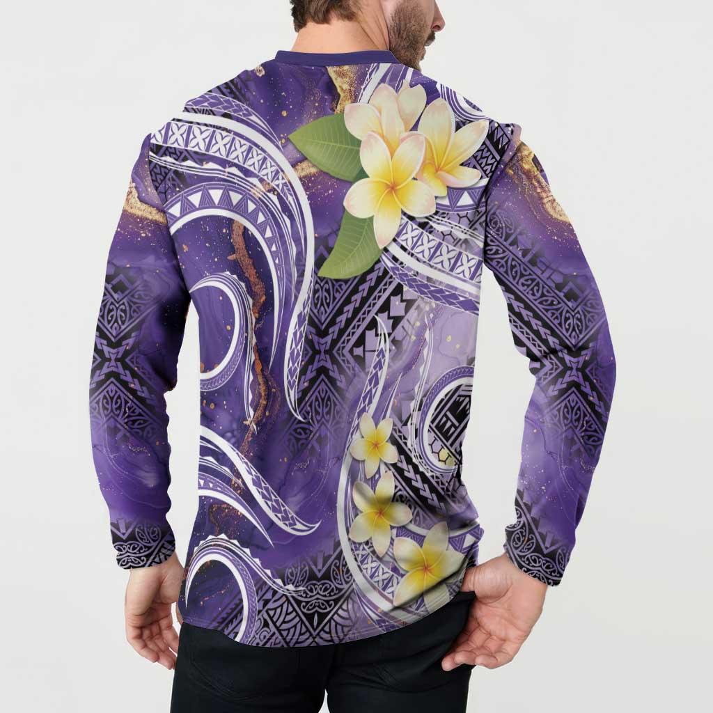 Polynesian Tribal Tattoo Button Sweatshirt Plumeria Purple Marble Pattern