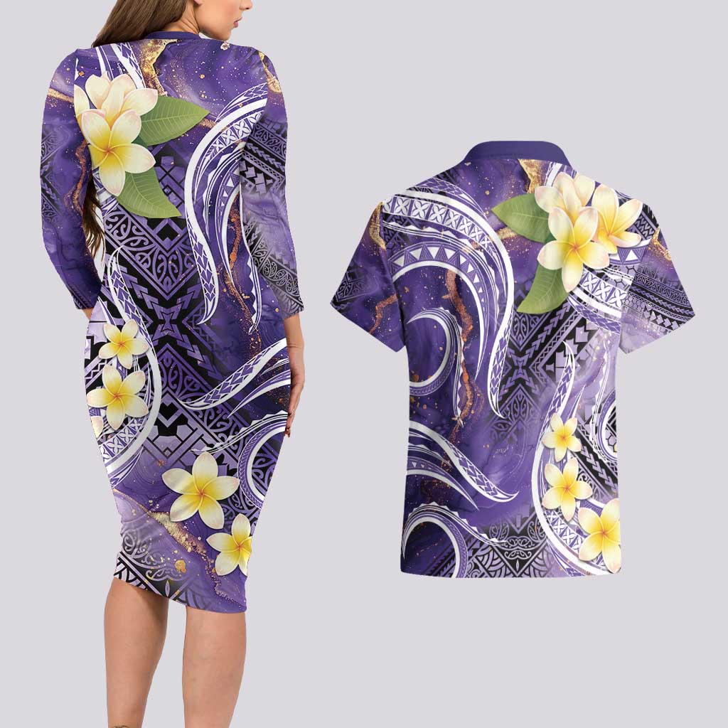 Polynesian Tribal Tattoo Couples Matching Long Sleeve Bodycon Dress and Hawaiian Shirt Plumeria Purple Marble Pattern LT9 - Polynesian Pride