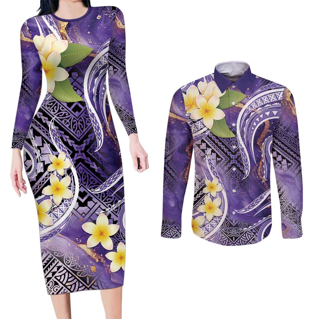 Polynesian Tribal Tattoo Couples Matching Long Sleeve Bodycon Dress and Long Sleeve Button Shirt Plumeria Purple Marble Pattern LT9 Purple - Polynesian Pride