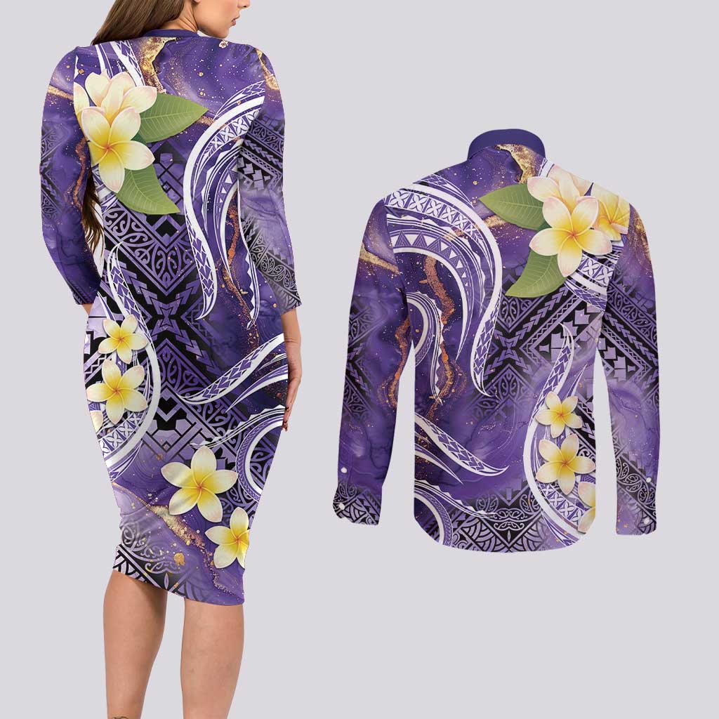 Polynesian Tribal Tattoo Couples Matching Long Sleeve Bodycon Dress and Long Sleeve Button Shirt Plumeria Purple Marble Pattern LT9 - Polynesian Pride