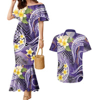 Polynesian Tribal Tattoo Couples Matching Mermaid Dress and Hawaiian Shirt Plumeria Purple Marble Pattern LT9 Purple - Polynesian Pride