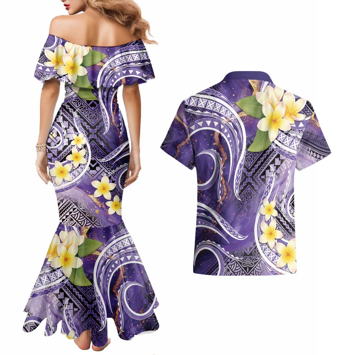 Polynesian Tribal Tattoo Couples Matching Mermaid Dress and Hawaiian Shirt Plumeria Purple Marble Pattern LT9 - Polynesian Pride