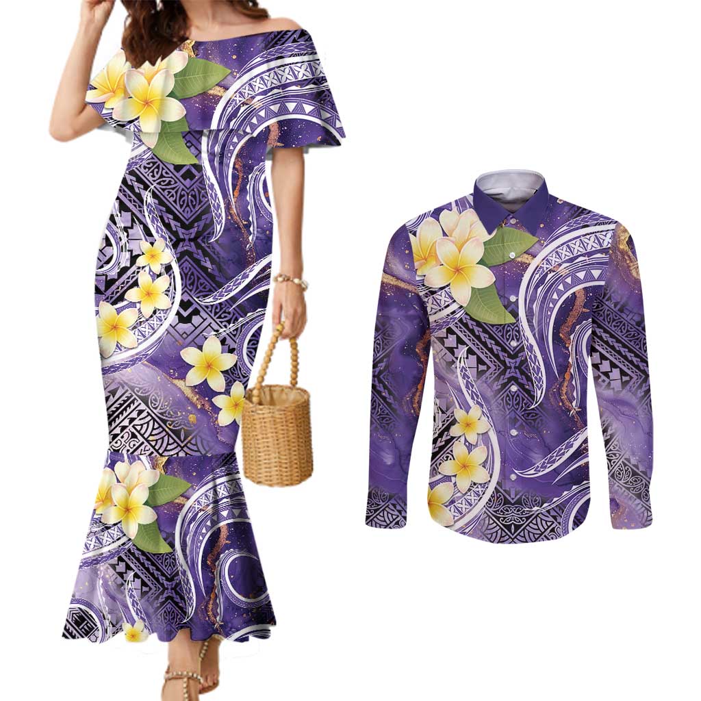 Polynesian Tribal Tattoo Couples Matching Mermaid Dress and Long Sleeve Button Shirt Plumeria Purple Marble Pattern LT9 Purple - Polynesian Pride