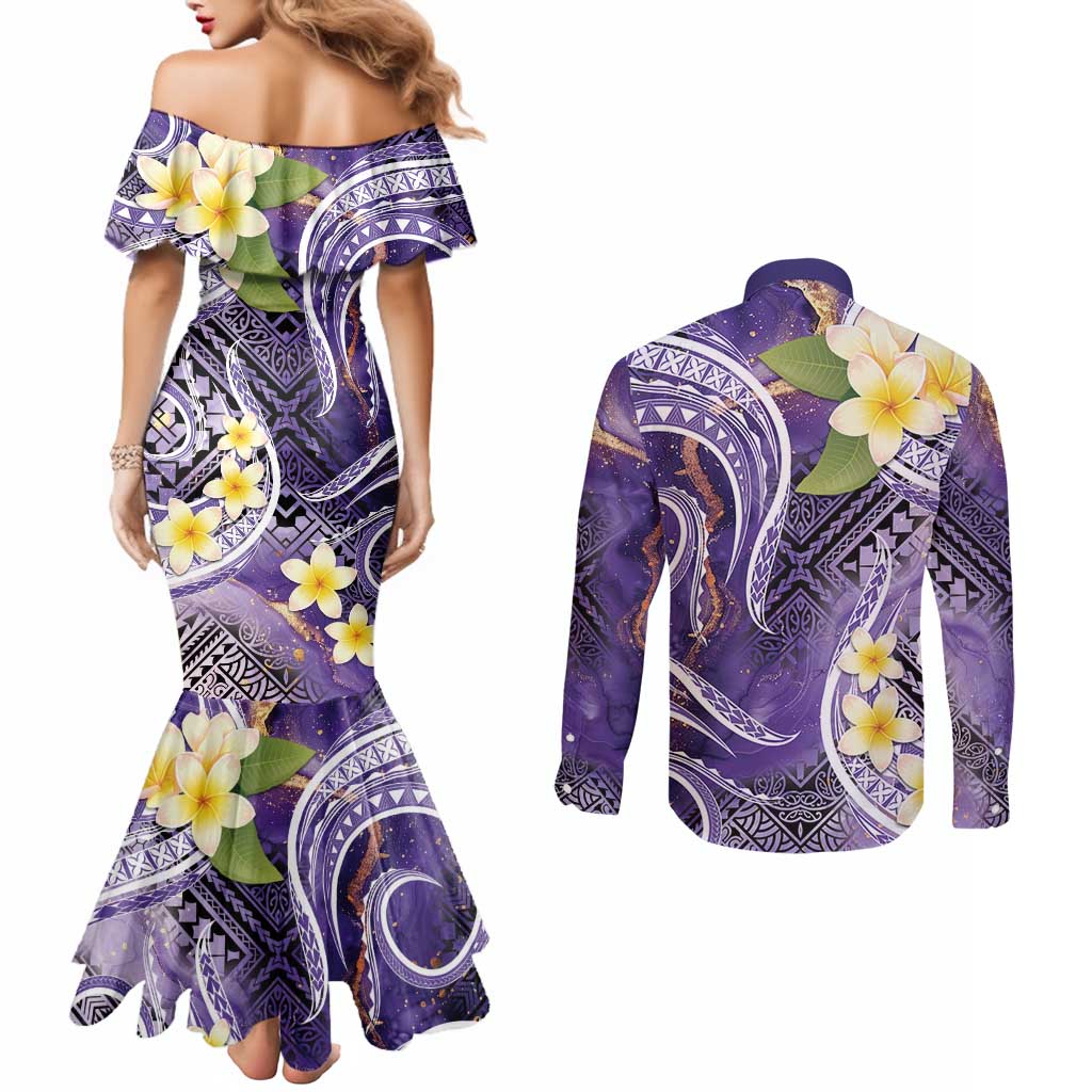Polynesian Tribal Tattoo Couples Matching Mermaid Dress and Long Sleeve Button Shirt Plumeria Purple Marble Pattern LT9 - Polynesian Pride