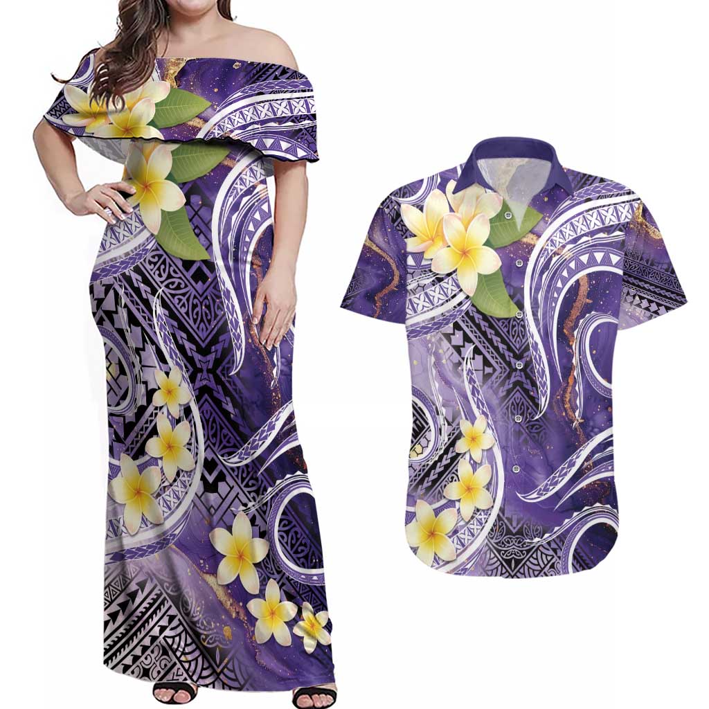 Polynesian Tribal Tattoo Couples Matching Off Shoulder Maxi Dress and Hawaiian Shirt Plumeria Purple Marble Pattern LT9 Purple - Polynesian Pride