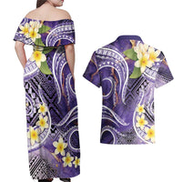 Polynesian Tribal Tattoo Couples Matching Off Shoulder Maxi Dress and Hawaiian Shirt Plumeria Purple Marble Pattern LT9 - Polynesian Pride