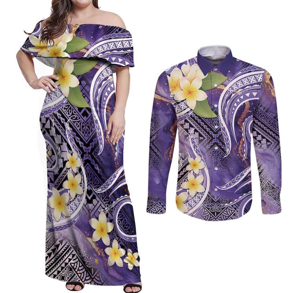 Polynesian Tribal Tattoo Couples Matching Off Shoulder Maxi Dress and Long Sleeve Button Shirt Plumeria Purple Marble Pattern LT9 Purple - Polynesian Pride