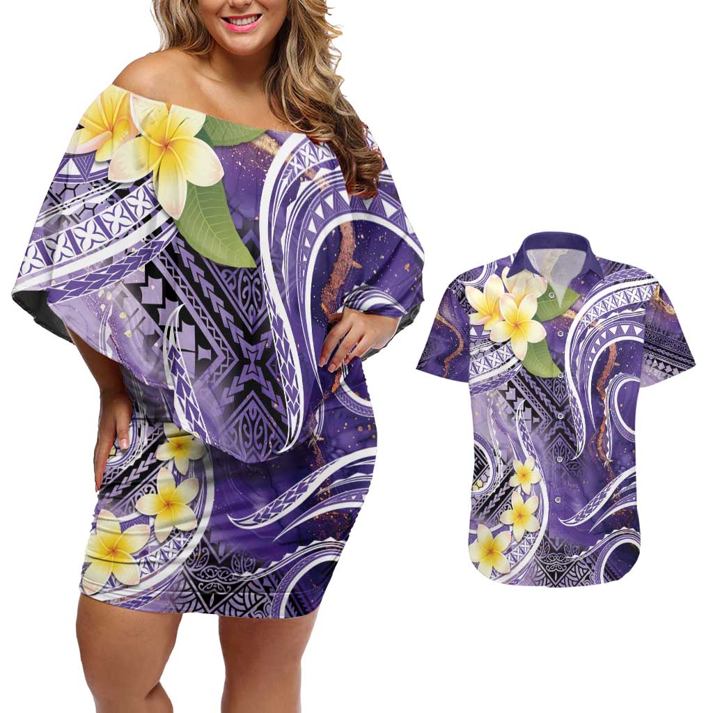 Polynesian Tribal Tattoo Couples Matching Off Shoulder Short Dress and Hawaiian Shirt Plumeria Purple Marble Pattern LT9 Purple - Polynesian Pride