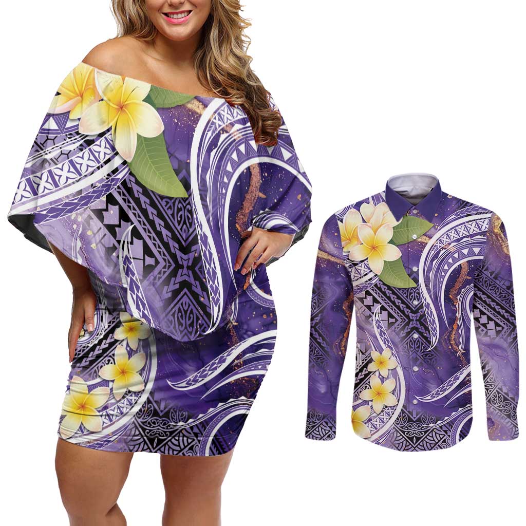 Polynesian Tribal Tattoo Couples Matching Off Shoulder Short Dress and Long Sleeve Button Shirt Plumeria Purple Marble Pattern LT9 Purple - Polynesian Pride