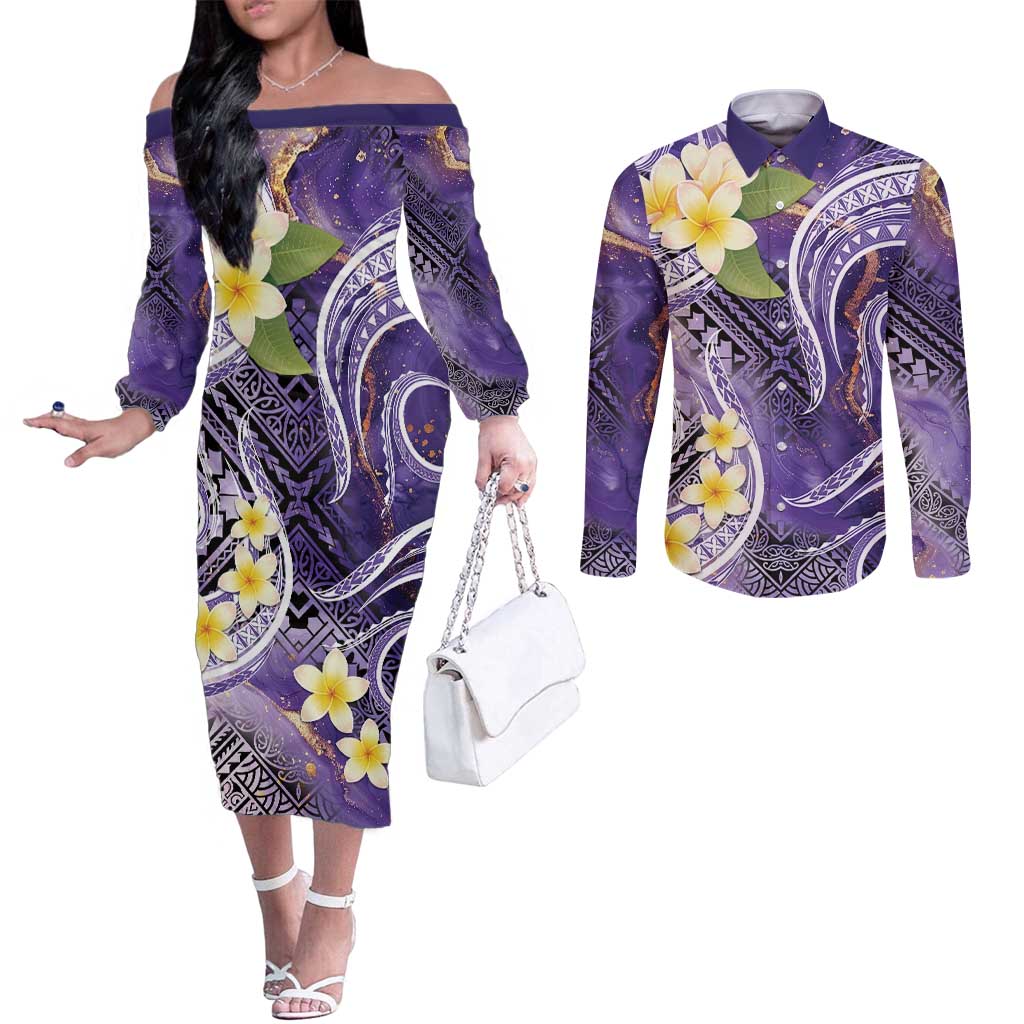 Polynesian Tribal Tattoo Couples Matching Off The Shoulder Long Sleeve Dress and Long Sleeve Button Shirt Plumeria Purple Marble Pattern LT9 Purple - Polynesian Pride