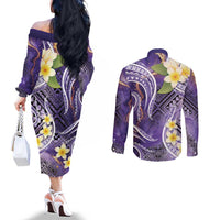 Polynesian Tribal Tattoo Couples Matching Off The Shoulder Long Sleeve Dress and Long Sleeve Button Shirt Plumeria Purple Marble Pattern LT9 - Polynesian Pride