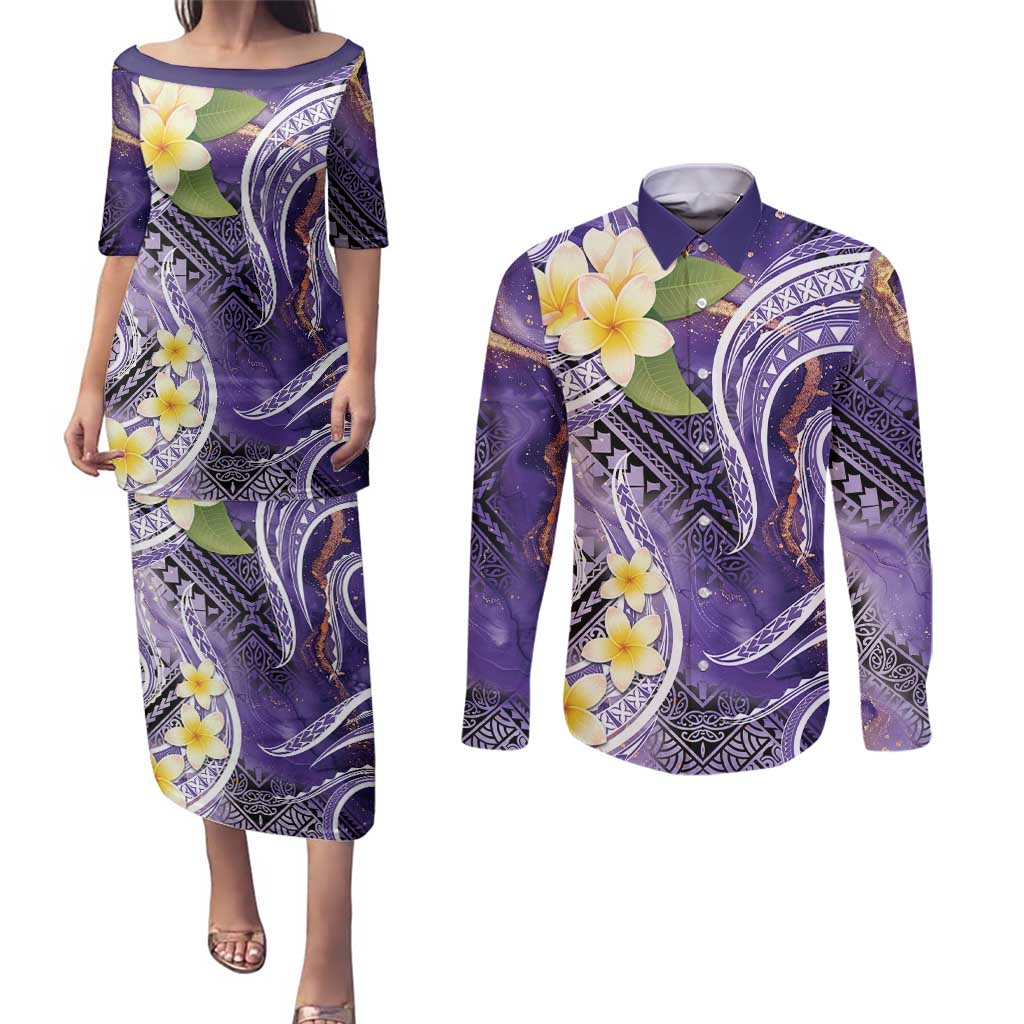 Polynesian Tribal Tattoo Couples Matching Puletasi and Long Sleeve Button Shirt Plumeria Purple Marble Pattern LT9 Purple - Polynesian Pride