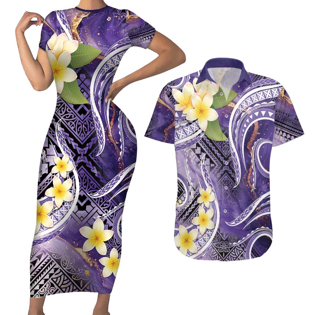 Polynesian Tribal Tattoo Couples Matching Short Sleeve Bodycon Dress and Hawaiian Shirt Plumeria Purple Marble Pattern LT9 Purple - Polynesian Pride