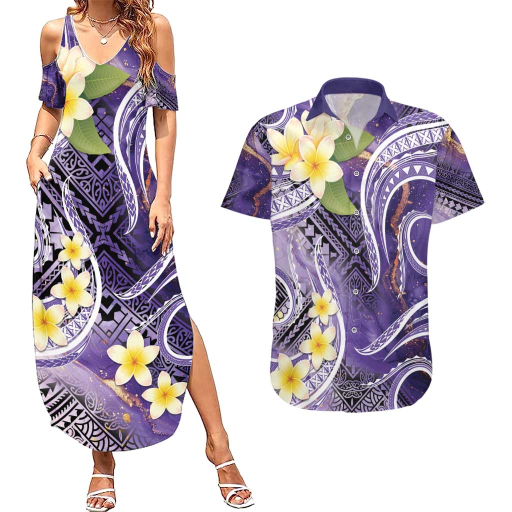 Polynesian Tribal Tattoo Couples Matching Summer Maxi Dress and Hawaiian Shirt Plumeria Purple Marble Pattern LT9 Purple - Polynesian Pride