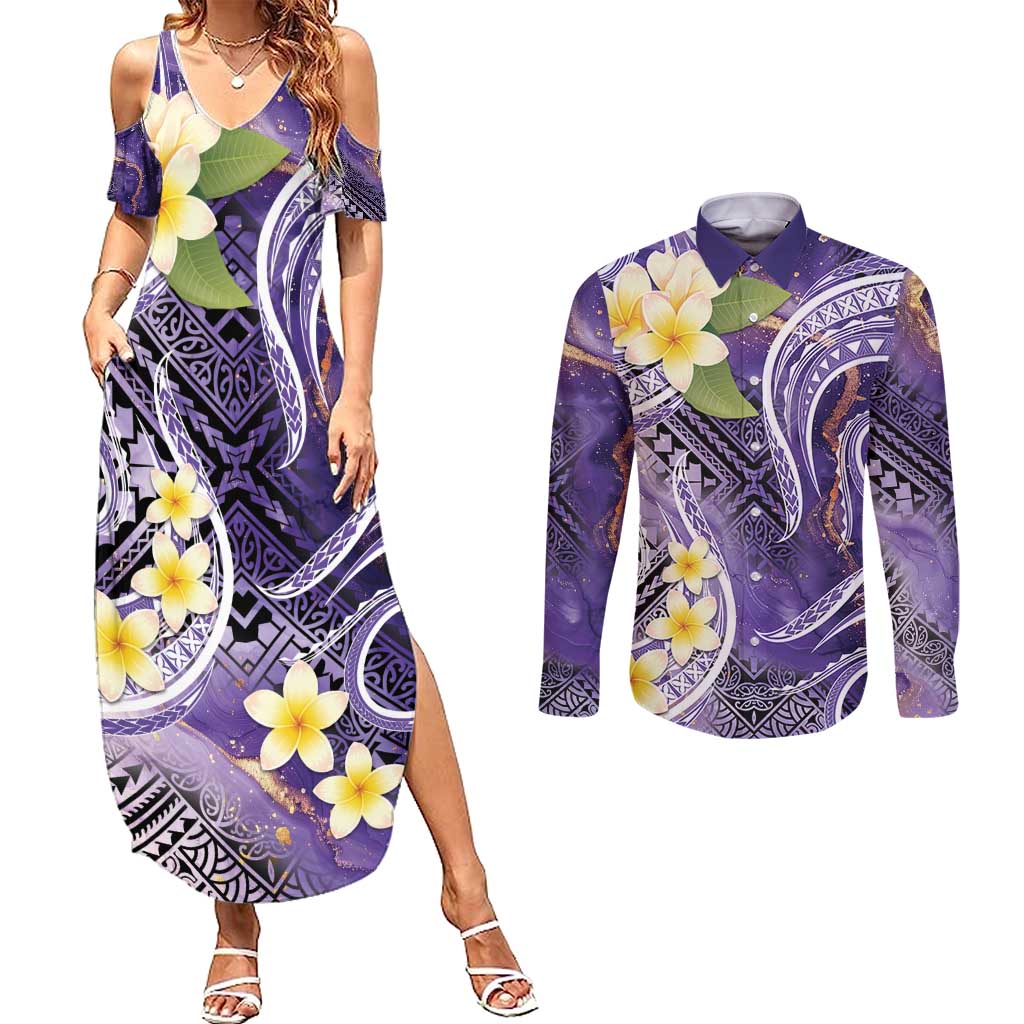 Polynesian Tribal Tattoo Couples Matching Summer Maxi Dress and Long Sleeve Button Shirt Plumeria Purple Marble Pattern LT9 Purple - Polynesian Pride