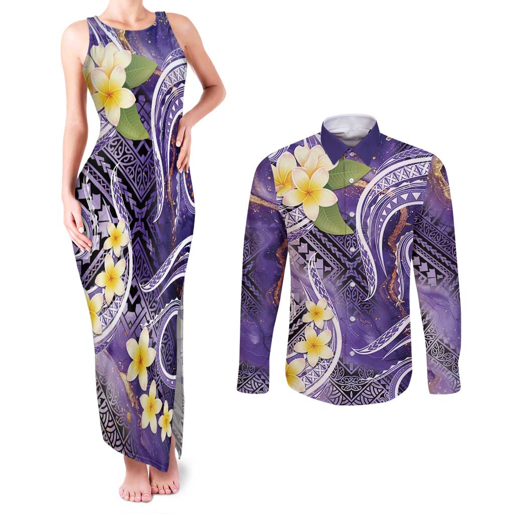 Polynesian Tribal Tattoo Couples Matching Tank Maxi Dress and Long Sleeve Button Shirt Plumeria Purple Marble Pattern LT9 Purple - Polynesian Pride