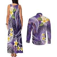 Polynesian Tribal Tattoo Couples Matching Tank Maxi Dress and Long Sleeve Button Shirt Plumeria Purple Marble Pattern LT9 - Polynesian Pride
