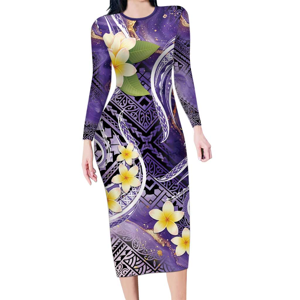 Polynesian Tribal Tattoo Family Matching Long Sleeve Bodycon Dress and Hawaiian Shirt Plumeria Purple Marble Pattern LT9 Mom's Dress Purple - Polynesian Pride