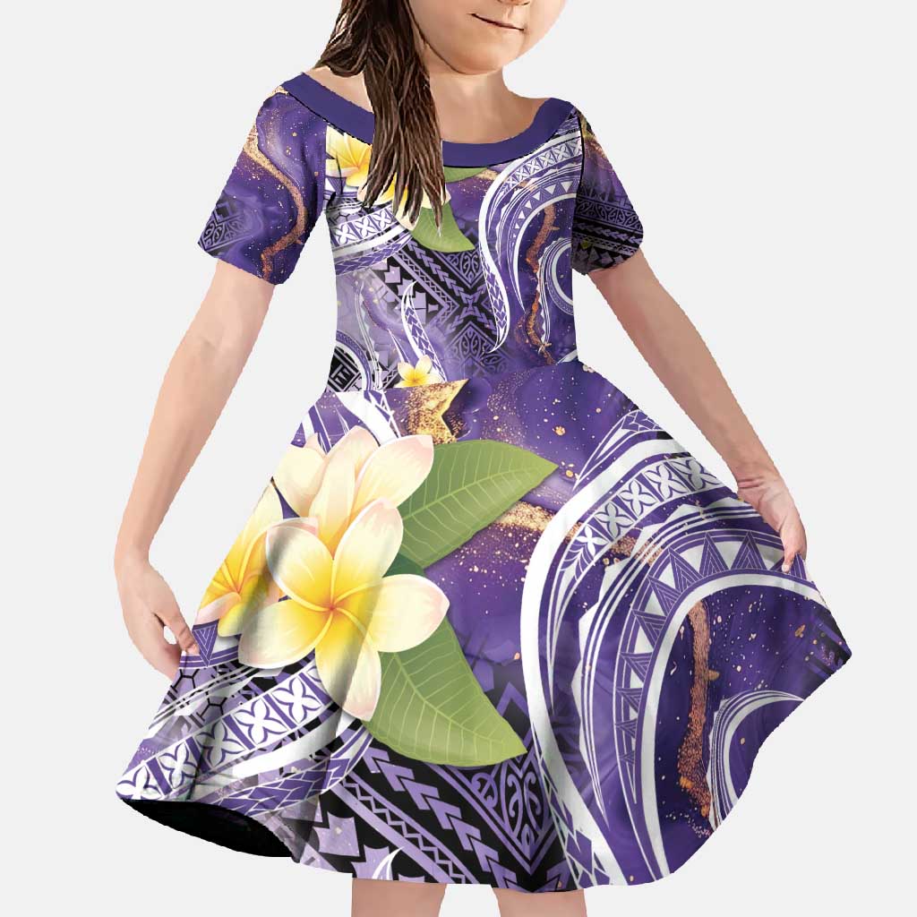 Polynesian Tribal Tattoo Family Matching Mermaid Dress and Hawaiian Shirt Plumeria Purple Marble Pattern LT9 Daughter's Dress Purple - Polynesian Pride