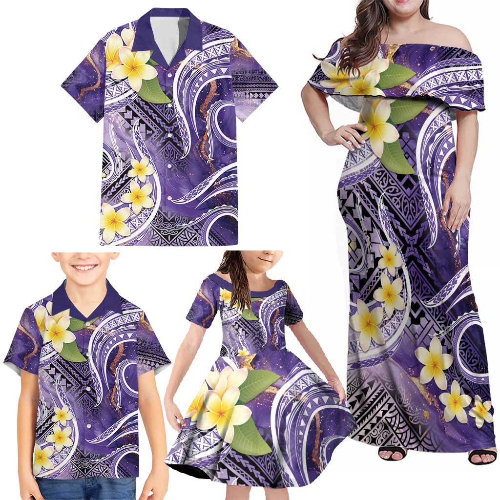 Polynesian Tribal Tattoo Family Matching Off Shoulder Maxi Dress and Hawaiian Shirt Plumeria Purple Marble Pattern LT9 - Polynesian Pride