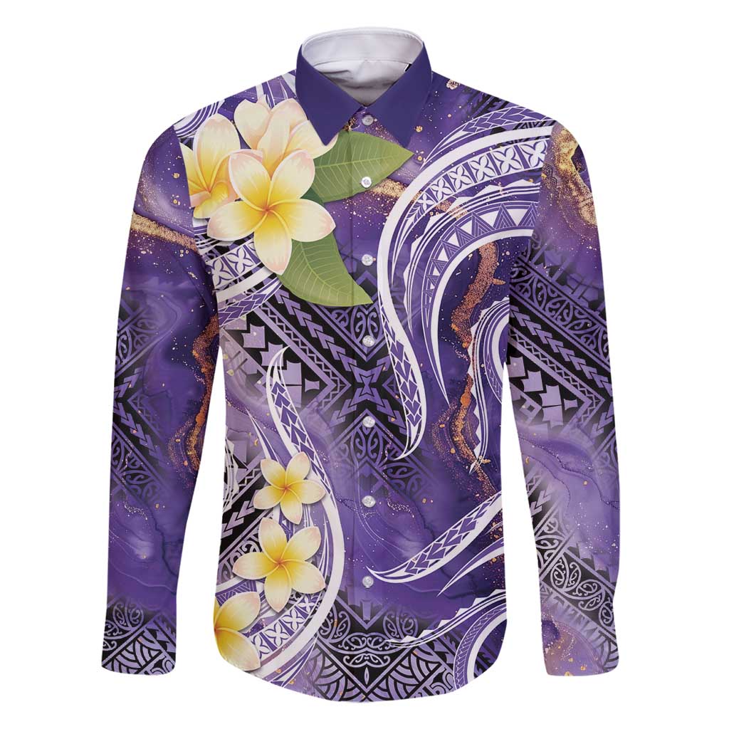 Polynesian Tribal Tattoo Family Matching Off Shoulder Maxi Dress and Hawaiian Shirt Plumeria Purple Marble Pattern LT9 Dad's Shirt - Long Sleeve Purple - Polynesian Pride