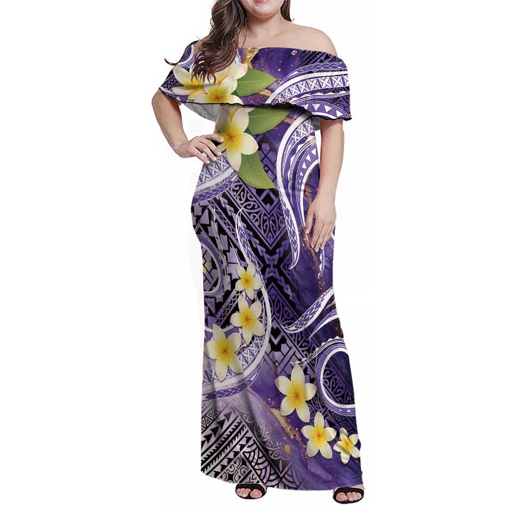 Polynesian Tribal Tattoo Family Matching Off Shoulder Maxi Dress and Hawaiian Shirt Plumeria Purple Marble Pattern LT9 Mom's Dress Purple - Polynesian Pride