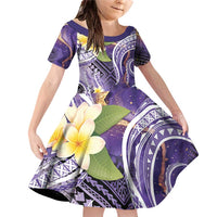 Polynesian Tribal Tattoo Family Matching Off Shoulder Short Dress and Hawaiian Shirt Plumeria Purple Marble Pattern LT9 Daughter's Dress Purple - Polynesian Pride