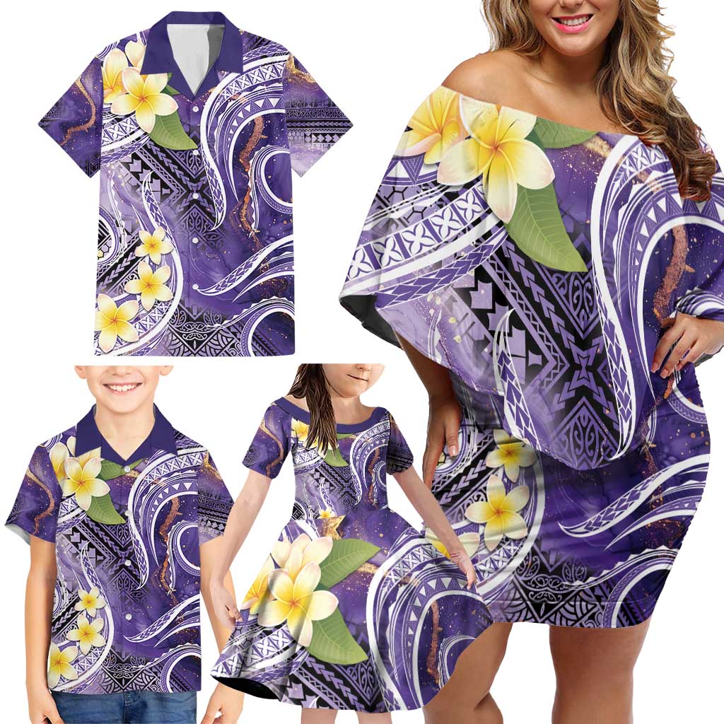 Polynesian Tribal Tattoo Family Matching Off Shoulder Short Dress and Hawaiian Shirt Plumeria Purple Marble Pattern LT9 - Polynesian Pride