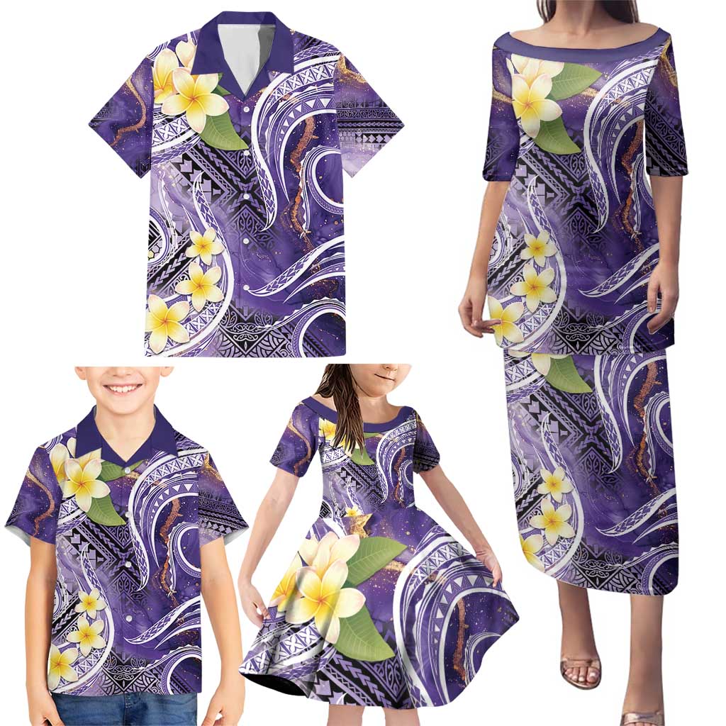 Polynesian Tribal Tattoo Family Matching Puletasi and Hawaiian Shirt Plumeria Purple Marble Pattern LT9 - Polynesian Pride