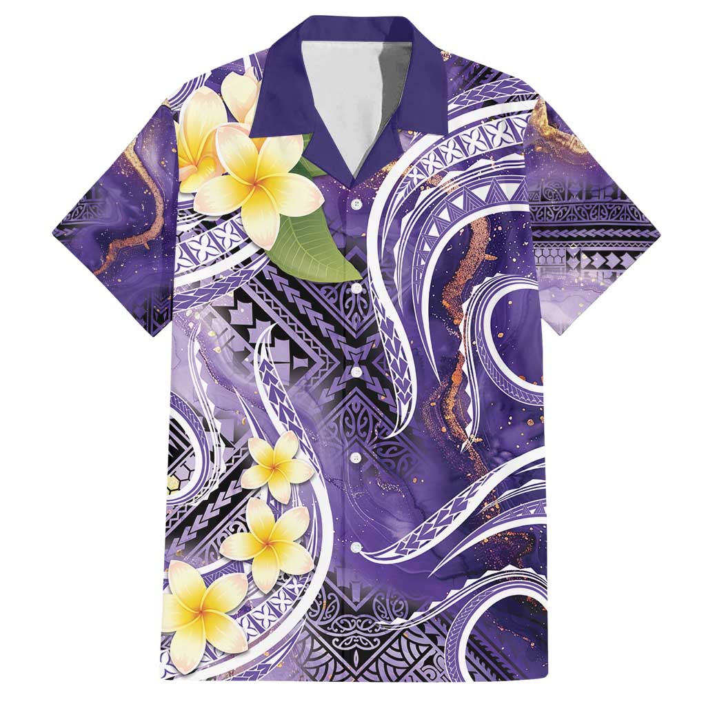 Polynesian Tribal Tattoo Family Matching Puletasi and Hawaiian Shirt Plumeria Purple Marble Pattern LT9 Dad's Shirt - Short Sleeve Purple - Polynesian Pride