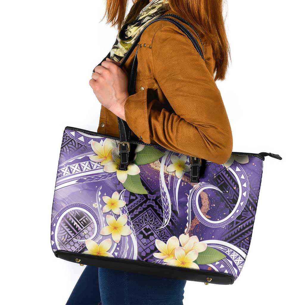 Polynesian Tribal Tattoo Leather Tote Bag Plumeria Purple Marble Pattern LT9 Purple - Polynesian Pride