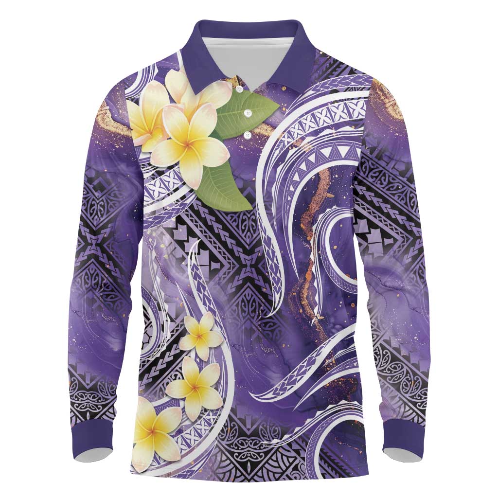 Polynesian Tribal Tattoo Long Sleeve Polo Shirt Plumeria Purple Marble Pattern LT9 Purple - Polynesian Pride