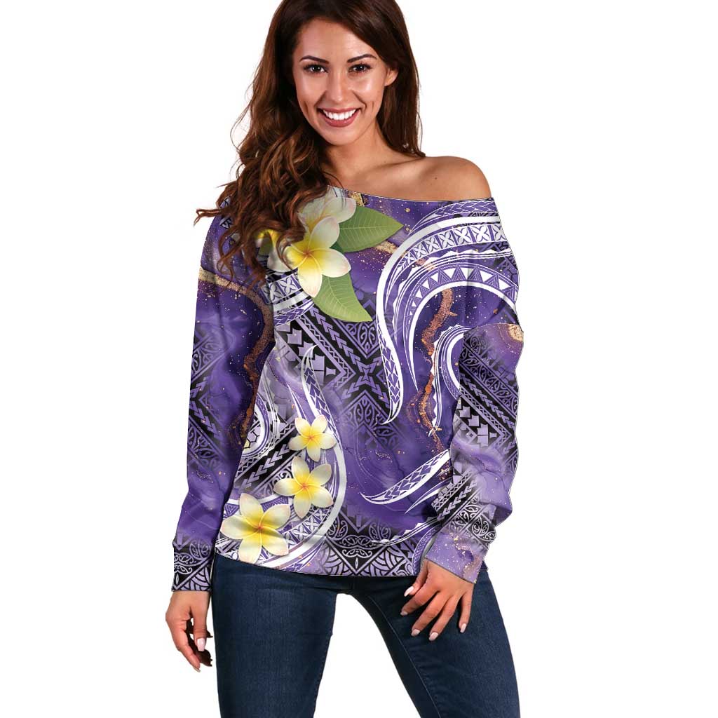 Polynesian Tribal Tattoo Off Shoulder Sweater Plumeria Purple Marble Pattern LT9 Women Purple - Polynesian Pride