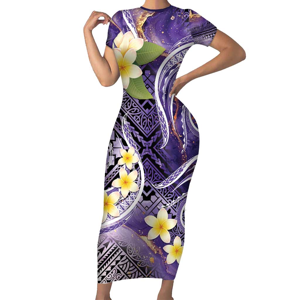 Polynesian Tribal Tattoo Short Sleeve Bodycon Dress Plumeria Purple Marble Pattern LT9 Long Dress Purple - Polynesian Pride