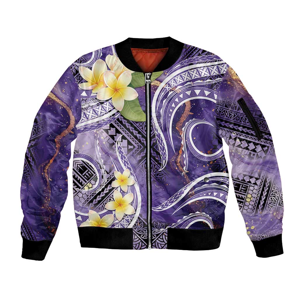 Polynesian Tribal Tattoo Sleeve Zip Bomber Jacket Plumeria Purple Marble Pattern LT9 Unisex Purple - Polynesian Pride